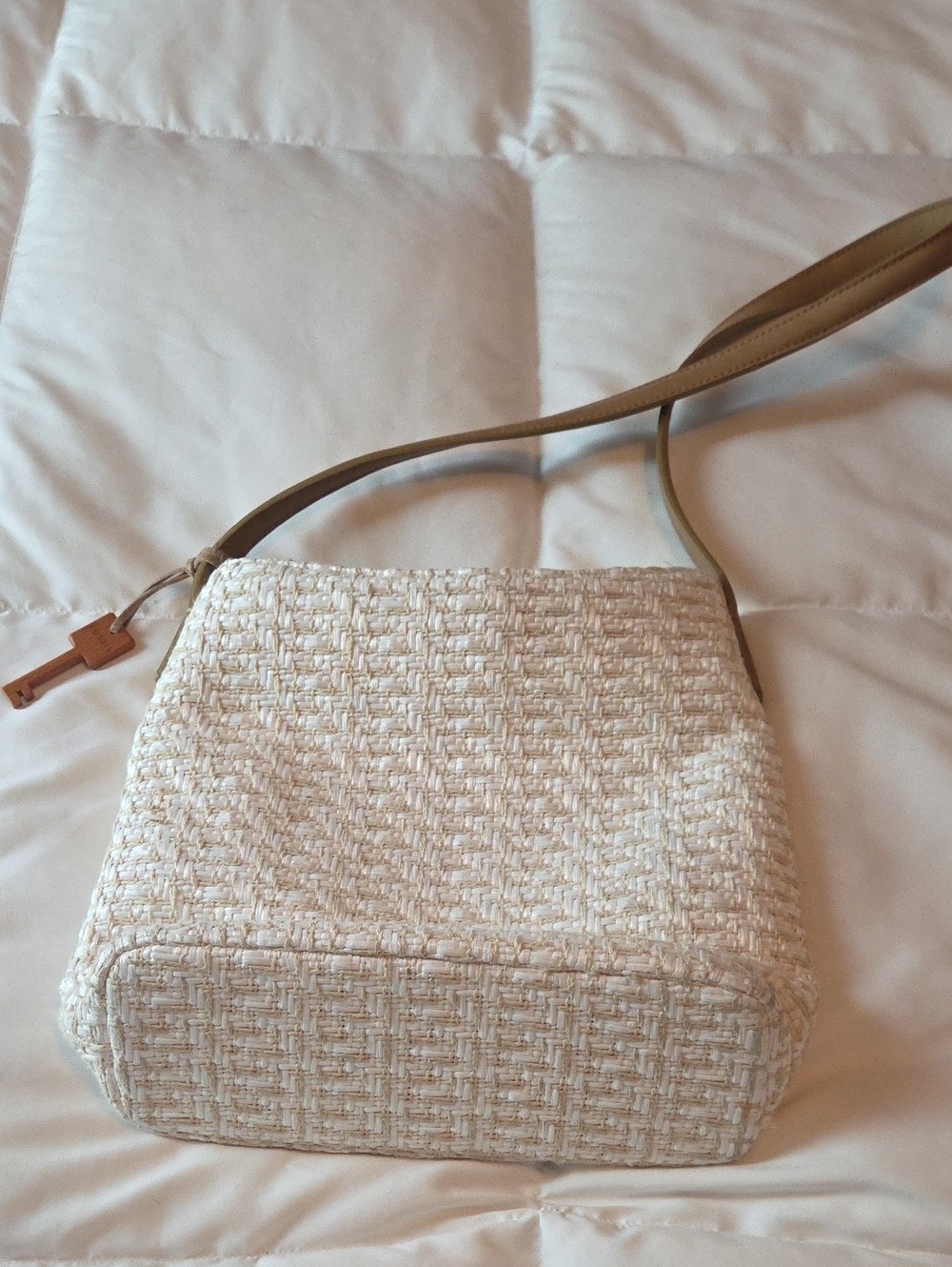 Fossil Cream Woven Crossbody with Tan Strap